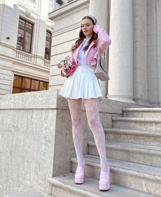 Pink Jacket with White Skirt and Tights